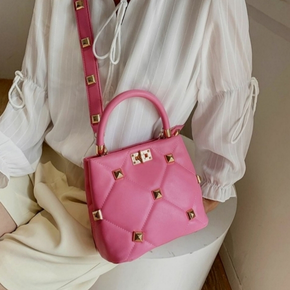 Royal Pink Diamond Quilted Studded Top Handle Shoulder Bag - Picture 4 of 4